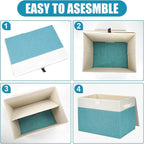 Large 17" 42 Quarts Collapsible Stackable Storage Bins with Lids [3-Pack] Foldable Fabric Linen Storage Boxes Cube, Closet Organizer Baskets with Label for Home (16.7 x 12 x 12", Teal & White)