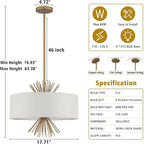 Drum Chandelier, 17.71” Gold Chandelier Farmhouse Pendant Light Fixture 4-Light with White Linen Shade, Adjustable Height Chandeliers for Dining Room Kitchen Living Room Bedroom, UL-Listed