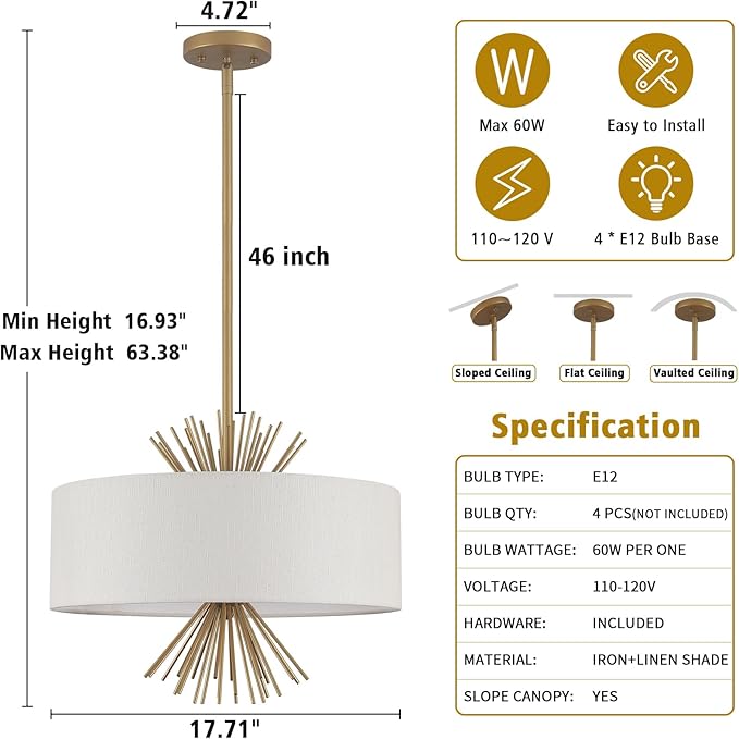 Drum Chandelier, 17.71” Gold Chandelier Farmhouse Pendant Light Fixture 4-Light with White Linen Shade, Adjustable Height Chandeliers for Dining Room Kitchen Living Room Bedroom, UL-Listed