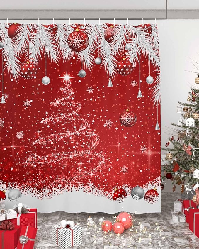 Christmas Tree Shower Curtain, Christmas Balls Shower Curtains Set with Hooks, Snowflake Silver Pine Tree Branch Red Waterproof Bathroom Curtains Holiday Decor Home Accessories,72 x 72 Inch Long
