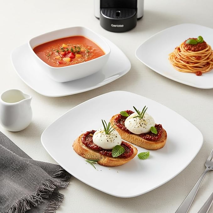 TP 10.5" Melamine Square Dinner Plates, 6-piece Plate Set Unbreakable Serving Dishes for Indoors and Outdoors, Unbreakable Dinner Service for 6, White