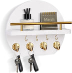 Nekon Key Holder for Wall - 9.8 Inch Apartment Wall Decor with Shelf and 8 Key Hooks, Circular Wood Key Hanger for Home Decor (White with Golden Hooks)