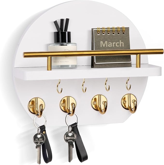 Nekon Key Holder for Wall - 9.8 Inch Apartment Wall Decor with Shelf and 8 Key Hooks, Circular Wood Key Hanger for Home Decor (White with Golden Hooks)