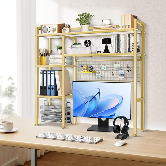 Desk Shelf，37.5" Desk Shelves and Desk Organizer Shelf，4 Tier Riser Storage Rack，Modern Desk Hutch for Home Office Dorm，Iron and Wood, Gold