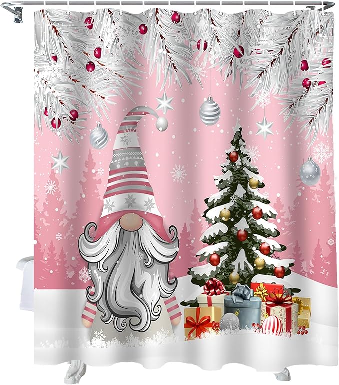 Vandarllin Christmas Gnome Shower Curtain, Winter Merry Christmas Tree Balls Shower Curtains Set with Hooks, Pink Waterproof Fabric Bathroom Curtains Decor Home Accessories, Stall Long 54 X 78 Inch