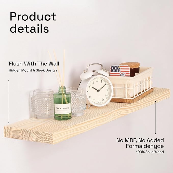 BAOBAB WORKSHOP Solid Wood Floating Shelves for Wall 30 Inches Long, Wooden Shelf Bathroom Large, Light Oak Floating Shelves for Room Wall Mounted Kitchen Farmhouse, Natural Wood, 30W × 6.7D, Set of 2