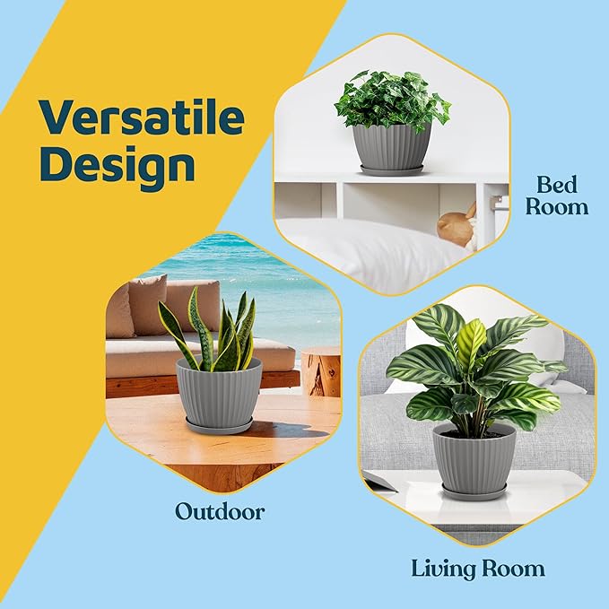 Gray 6-Inch Plant Pots with Drainage & Saucers 12 Pack, Indoor & Outdoor Planters for Houseplants, Herbs, and Flowers, Durable & Weatherproof Material, Stackable, Lightweight, Minimalist Design