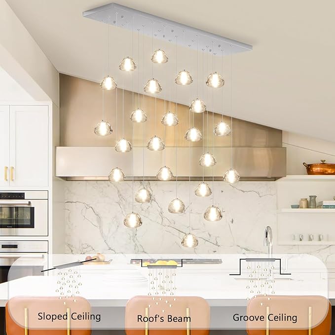 24-Lights Modern Rectangular Crystal Chandelier LED Raindrop Ceiling Pendant Light Crystal Lighting Fixture for Living Room Hotel Staircase Hallway Foyer Entryway Bedroom Silver