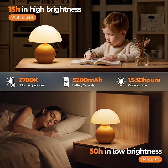 NIORSUN Mushroom Lamp Table Lamp for Bedroom, Portables Cordless Table Lamp,Wireless lamp,Small Bedside Table Touch Lamps for Living Room,Mini Mushroom 5200mAh Battery Operated Lamp Modern Orange