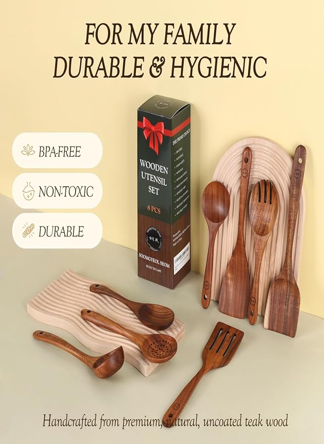 100% Natural Teak Wood Wooden Utensil Set – 8 Pcs Durable Kitchen Spoons for Cooking – Non-Stick & Heat Resistant, Eco-Friendly & Comfortable Grip