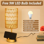 Gold Bedside Lamps Set of 2, Touch Control Night Stand Lamp for Bedroom with Rattan & Linen Shade & Bulbs, 3 Way Dimmable Small Boho Table Lamps with USB Charging Port & Phone Stand