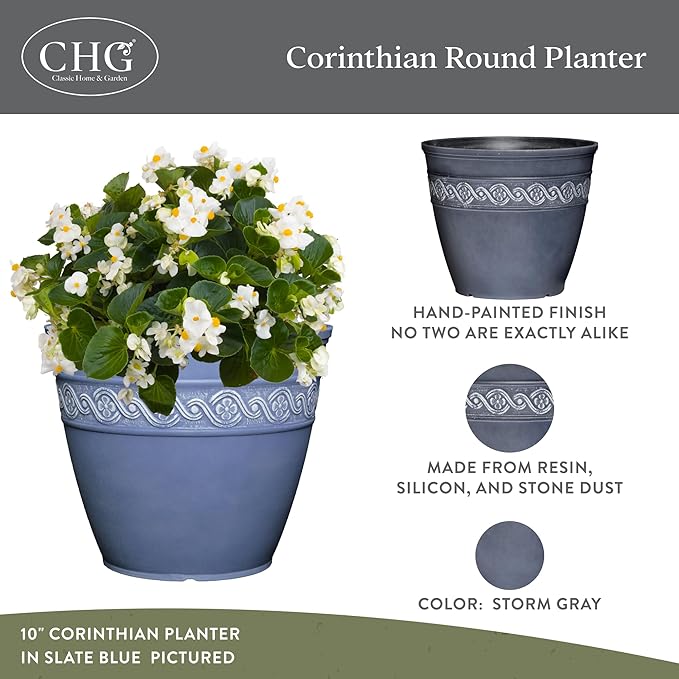Classic Home and Garden Corinthian Resin Planter Pot - Outdoor & Indoor Plant Pot - Round Planter for Plants & Flowers (8" Storm Gray, Pack of 3)