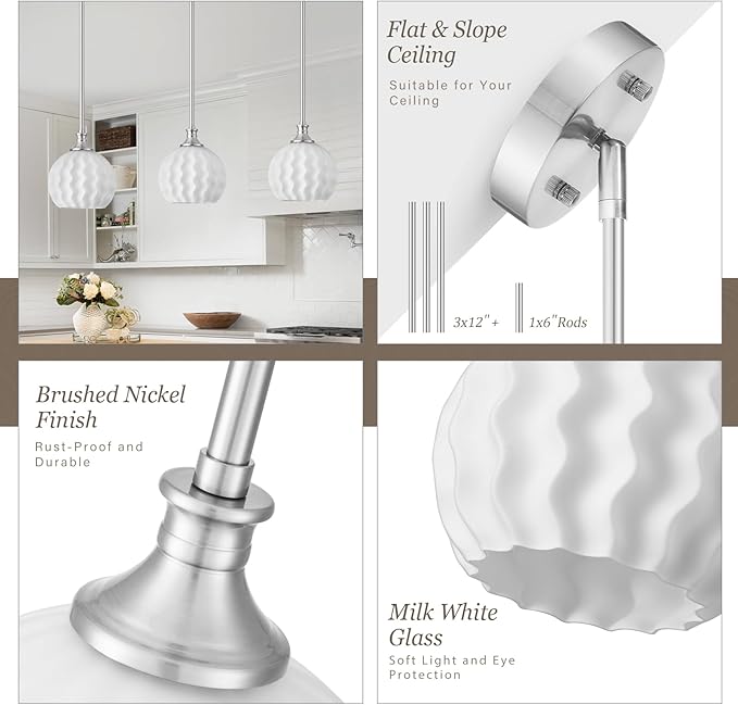 Milk Glass Pendant Lights Kitchen Island 2 Pack, 7.3" Brushed Nickel Modern Pendant Light Fixtures with Rods, Globe Hanging Lighting for Kitchen Sink Bathroom Dining Room, E26 Base