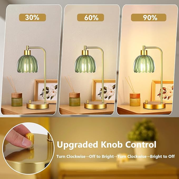Green Table Lamp Set of 2,Small Glass Bedside Lamps Dimmable Boho Bedroom Lamp with Tulip Flower Lamp Shade,Gold Vintage Mid Century Modern Mini Nightstand Lamp for Bedroom Living Room