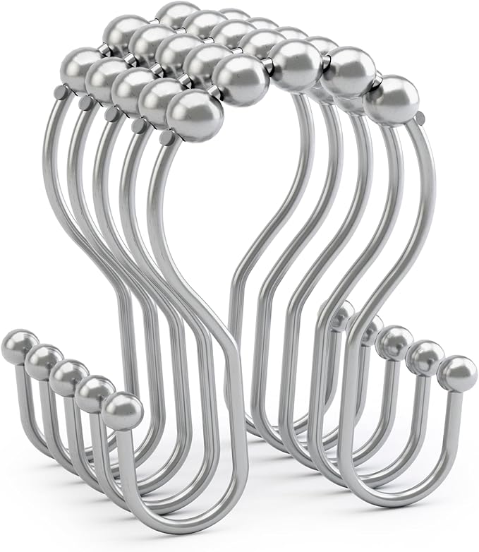 AmazerBath Shower Curtain Hooks, Shower Curtain Rings, Metal Chrome Shower Curtain Hooks Rust Proof, Smooth Glide Double Shower Hooks for Shower Curtain, Shower Rod Hooks 12Pcs