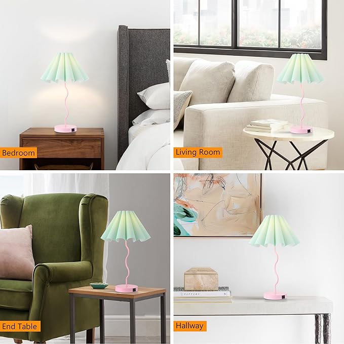 Pleated Table Lamp, Table Lamp for Bedroom, Bedside Lamps for Nightstand with Linen Lampshade, Modern Lamp for Bedroom Home Office Decor, Pink
