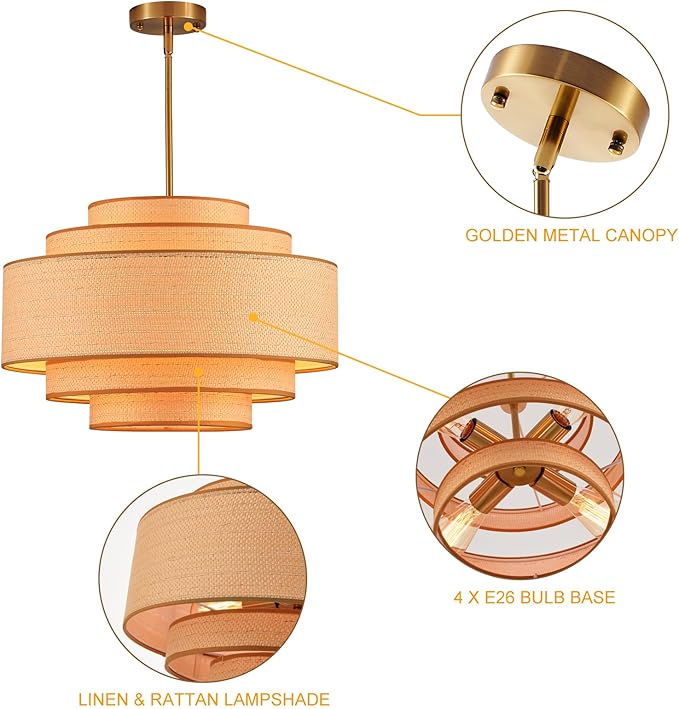 Farmhouse 19.7" Drum Rattan Chandelier 4-Lights Vintage Boho Rattan Chandelier Retro Vintage Bamboo Drum Chandeliers for Dining Room, Kitchen Island, Living Room, Bedroom