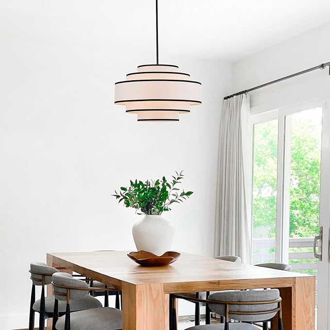 19.7" Black Drum Chandelier with White Linen Lampshade 4-Light Modern Farmhouse Chandelier Light Fixture for Living Room, Dining Room, Kitchen Island, Foyer, Entryway Bedroom
