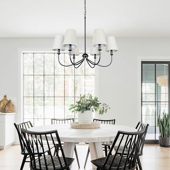 Chandelier, Matte Black with Linen Fabric Shade, 6-Light 28" Modern Farmhouse Linear Pendant Lighting Fixture for Kitchen Island (Black)