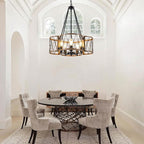 20.8'' Farmhouse Chandeliers for Dining Room, 5-Light Rustic Chandelier Wood Grain Metal Round Hanging Light Fixture, Vintage Drum Pendant Lights for Living Room, Bedroom, Kitchen, Entryway