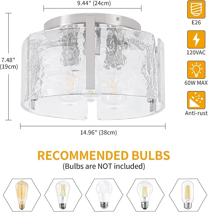 15'' Modern Brushed Nickel Semi Flush Mount Ceiling Light, Hallway Light Fixtures, 3-Light Glass Ceiling Lights for Entryway Kitchen Dining Room Foyer Bedroom Laundry Lighting Fixtures, UL-Listed