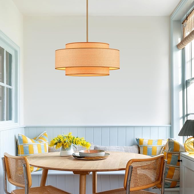 Farmhouse 19.7" Drum Rattan Chandelier 4-Lights Vintage Boho Rattan Chandelier Retro Vintage Bamboo Drum Chandeliers for Dining Room, Kitchen Island, Living Room, Bedroom