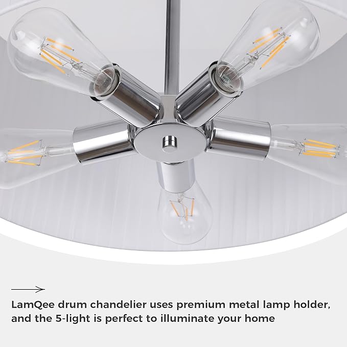 LamQee Large 5-Light Drum Chandelier, 2-Layer 23.6inch-Chrome Ceiling Light Fixture with Fabric Shade Modern Hanging Pendant Light for Dining Room Living Room Bedroom Kitchen Island