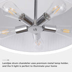 LamQee Large 5-Light Drum Chandelier, 2-Layer 23.6inch-Chrome Ceiling Light Fixture with Fabric Shade Modern Hanging Pendant Light for Dining Room Living Room Bedroom Kitchen Island