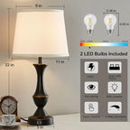 Touch Table Lamps Set of 2, 22" Tall Bedside Lamps with USB C+A Ports, 3-Way Dimmable Nightstand lamps, Table lamp for Bedrooms, Living Room, Office, Black Lamp with White Lampshade, Bulbs Included