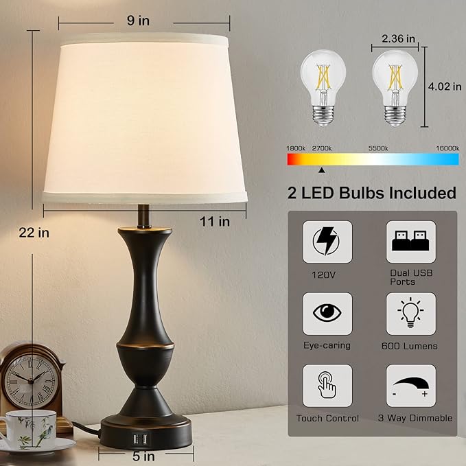 Touch Table Lamps Set of 2, 22" Tall Bedside Lamps with USB C+A Ports, 3-Way Dimmable Nightstand lamps, Table lamp for Bedrooms, Living Room, Office, Black Lamp with White Lampshade, Bulbs Included