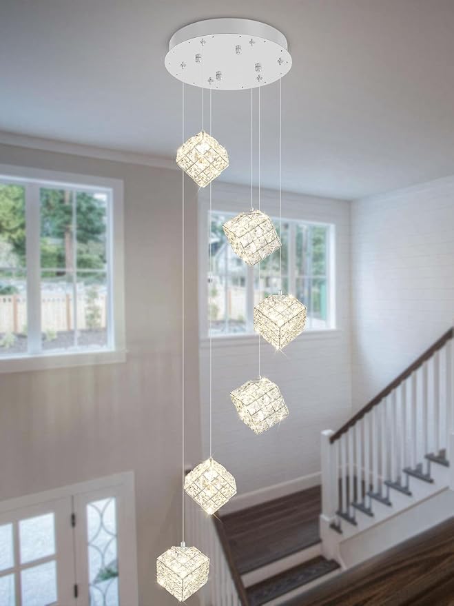 6-Lights Crystal Chandeliers for Staircases Modern Chandeliers for High Ceilings Crystal Pendant Light Fixture for Living Room Kitchen Island Foyer Hallway Bar