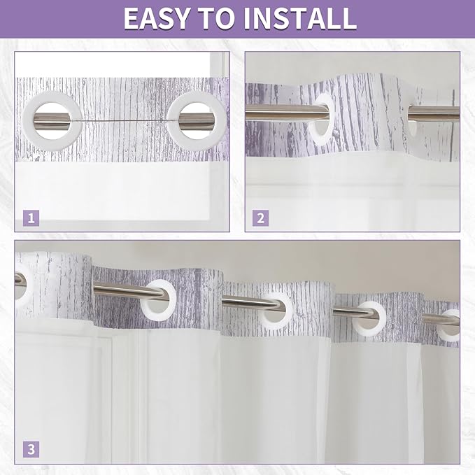 Muuyi Purple Watercolor Floral Shower Curtain,No Hook Shower Curtain,Polyester Shower Curtains with Snap in Fabric,Sheer Top Window for Bathroom Decor,Waterproof & Washable,72W x 75L Inch