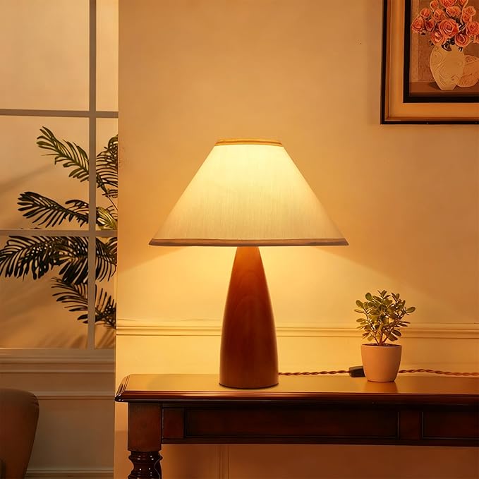 2 Pack Bedside Table Lamp for Bedroom,Mid-Century Modern Plug in Fabric Shade & Solid Wood Base Desk Lamp,Plug & Play Warm Brown Nightstand Lamp for Living Room,Office,Switch Power Cord【Bulb Included】