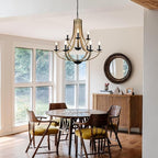 Farmhouse Chandeliers for Dining Room Light Fixture, 9-Light 31" Adjustable Height Retro Faux Wood Texture Rustic Light Fixtures for Living Room Bedroom Kitchen Island Foyer Entryway