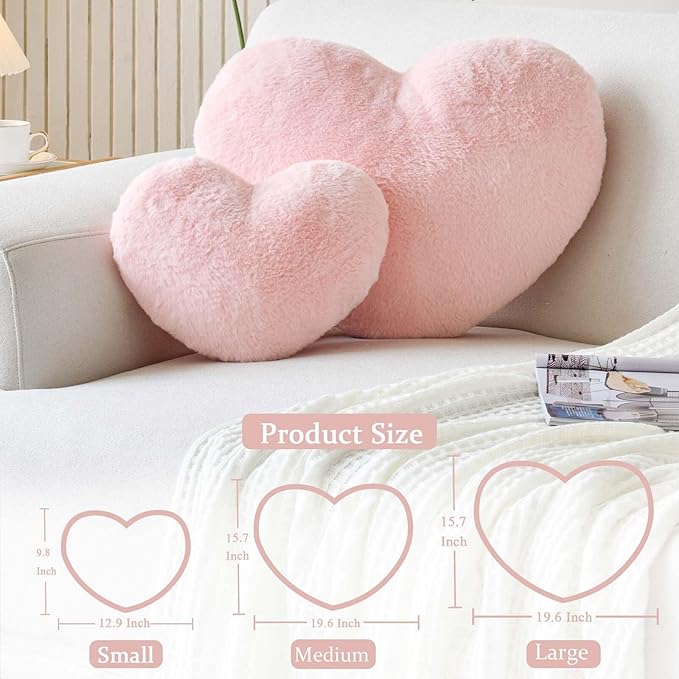 Pink Heart Pillows, Cute Heart Decorative Pillow, Heart Shaped Throw Pillows for Bed, Faux Rabbit Fur Plush Hoom Decor Pillow Cushion for Chair Sofa Living Room (Large-19.6"x15.7")