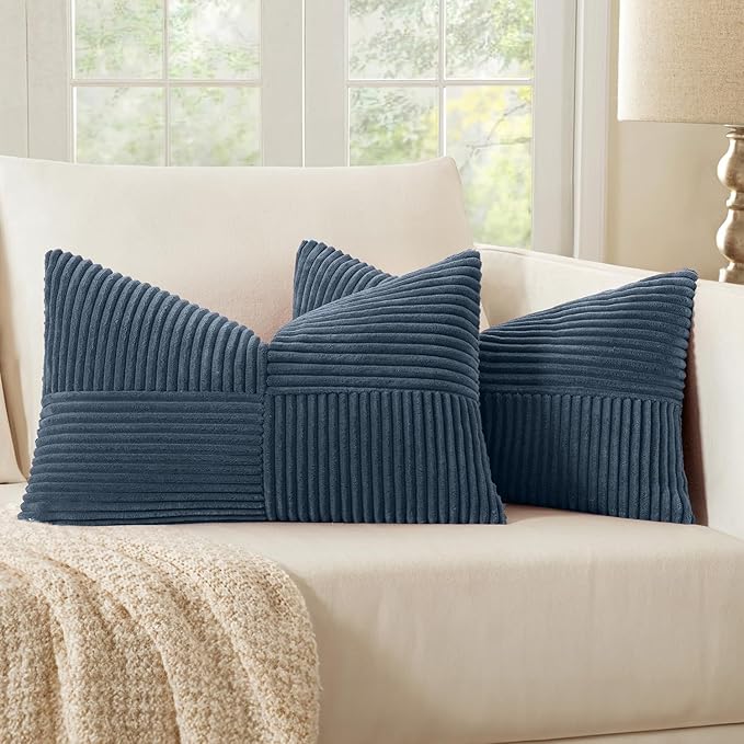 MIULEE Blue Corduroy Pillow Covers Pack of 2 Boho Decorative Spliced Throw Pillow Covers Soft Solid Couch Pillowcases Cross Patchwork Textured Cushion Covers for Living Room Bed Sofa 12x20 inch
