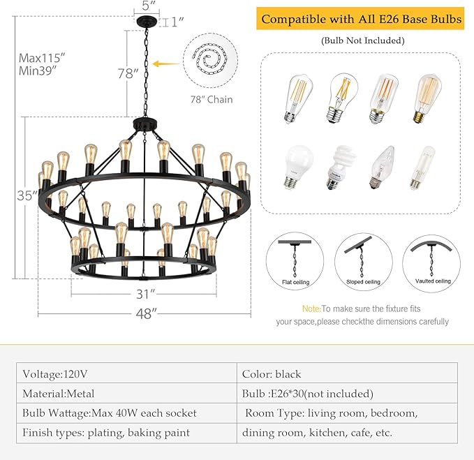 2 Tier Wagon Wheel Chandelier | 30-Lights 48 Inch Extra Large Chandeliers for High Ceilings | Black Wagon Wheel Light Fixture for Foyer | Entryway | Living Room