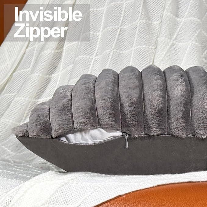12x20 Throw Pillow Covers Set of 2, Decorative Faux Fur Covers for Bed, Couch Soft Fluffy Pillow Cover with Velvet Back for Living Room, Neutral Home Décor Accent for Sofa - Dark Gray