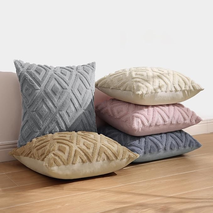 Pallene Light Khaki Throw Pillow Covers 22x22 Set of 2, Soft Plush Faux Fur Decorative Couch Pillow Covers for Sofa Bed Living Room Pillow Cases with 3D Diamond Pattern