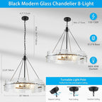 XINGQI Black Chandeliers for Dining Room Modern 8-Light Glass Farmhouse Pendant Lighting Fixtures Round Chandelier for Kitchen Island Living Room Entryway