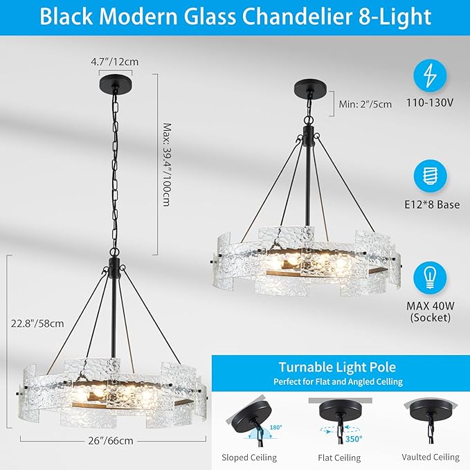 XINGQI Black Chandeliers for Dining Room Modern 8-Light Glass Farmhouse Pendant Lighting Fixtures Round Chandelier for Kitchen Island Living Room Entryway