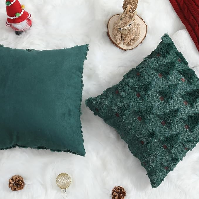 Christmas Pillow Covers 22x22 inch Set of 2 Christmas Decorations Soft Plush Faux Fur Wool Green Xmas Tree Throw Pillow Cases Winter Holiday Decor for Sofa Living Room PT002A22