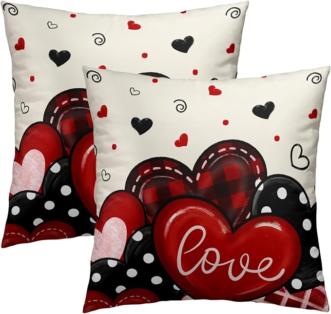 Valentines Day Pillow Covers 18x18 Inch Set of 2, Red Black Plaid Dots Hearts and Love Design Square Pillowcases for Sofa Couch Bed Chair Indoor Outdoor Home Decor