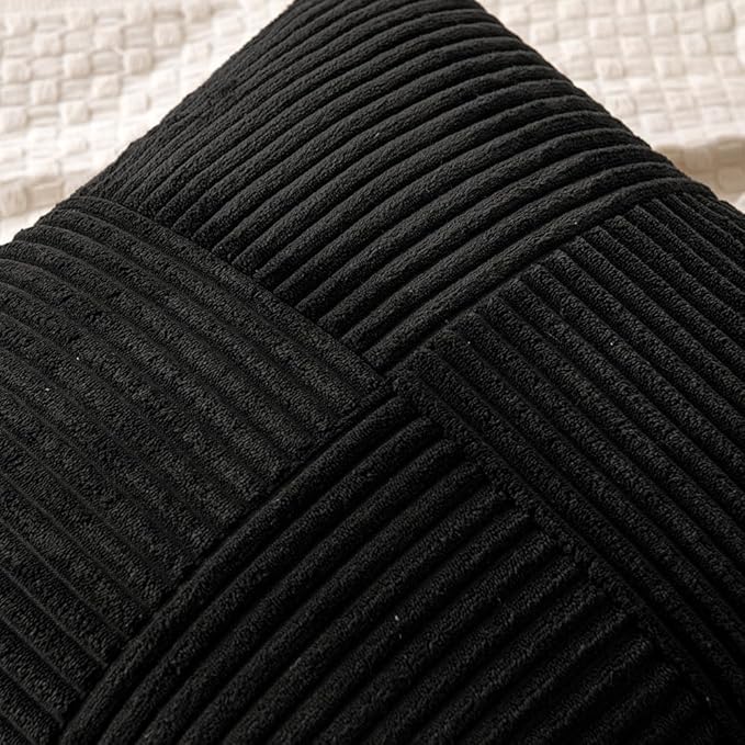 MIULEE Black Corduroy Pillow Covers Pack of 2 Boho Decorative Spliced Throw Pillow Covers Soft Solid Couch Pillowcases Cross Patchwork Textured Cushion Covers for Living Room Bed Sofa 24x24 inch