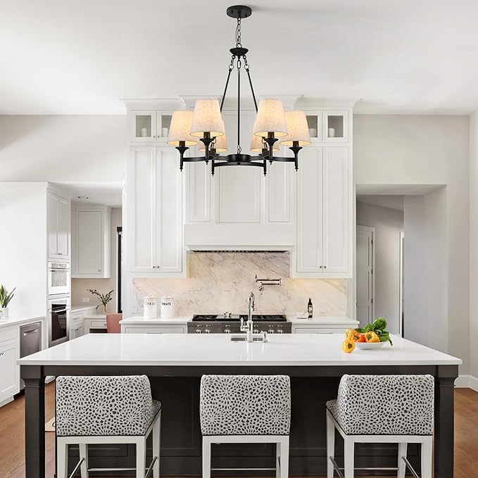 Black Chandeliers for Dining Room Light Fixtures Over Table, 6-Light Modern Farmhouse Round Chandelier with Linen Shades, Vintage Hanging Pendant Lighting for Kitchen Bedroom Living Room