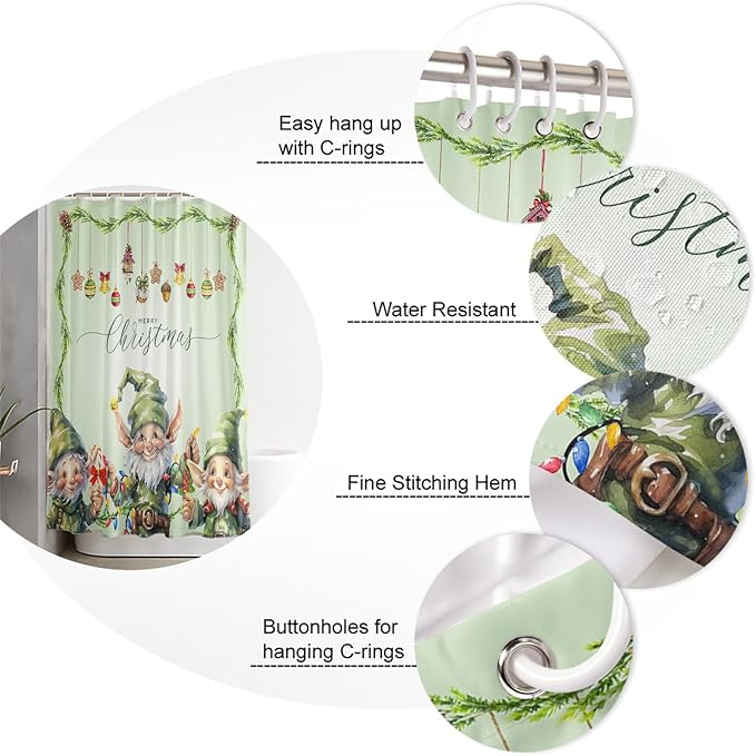 Vandarllin Merry Christmas Shower Curtain, Green Christmas Gnome Elf Shower Curtains Set with Hooks, Xmas Balls Waterproof Fabric Bathroom Curtains Decor Home Accessories, Stall Long 36 X 78 Inch