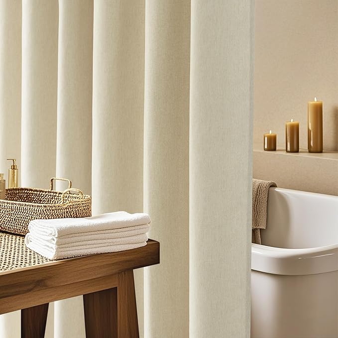 Beige Linen Look Fabric Shower Curtain Extra Tall 72 x 96 Inch, Heavy Duty Faux Linen Textured Shower Curtain Long Water-Resistant, Natural Cream Wrinkle Free Shower Curtains for Bathroom