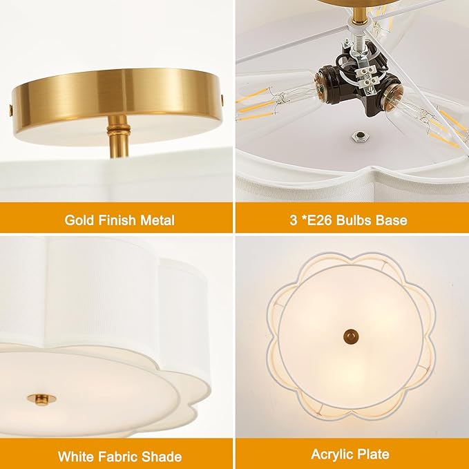 Modern Semi Flush Mount Ceiling Light 18" Modern Gold Drum Ceiling Lighting Fixture with Linen Shade Vintage Ceiling Lamp for Living Room, Bedroom, Kitchen, Dining Room, Hallway, and Entryway
