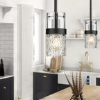 LMS Glass Pendant Lights Kitchen Island 2-Pack, Modern Black Pendant Light Set of 2 with Hammered Glass and Rods, Mini Hanging Lighting for Kitchen Island, Bathroom, Bedroom, LMS-201
