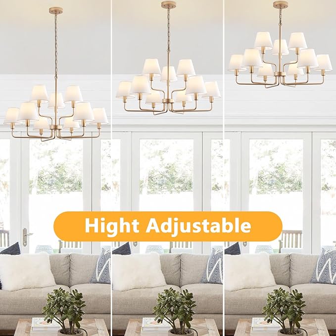 9-Light Gold Chandelier Light Fixture with White Fabric Shades, 33 inch Modern Farmhouse Dining Room Light Fixtures, 2 Tiered Lantern High Ceilings Pendant Light for Foyer Entryway Living Room Kitchen